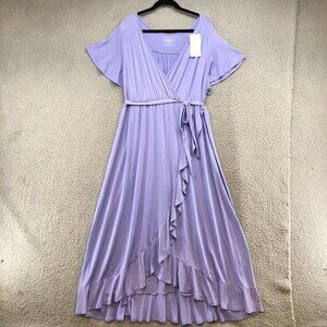 NWT Isabel Maternity wrap M purple flutter sleeve belted ruffle maxi dress